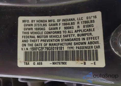 2016 Honda Civic Ex from USA, damaged, VIN 19XFC2F79GE019181